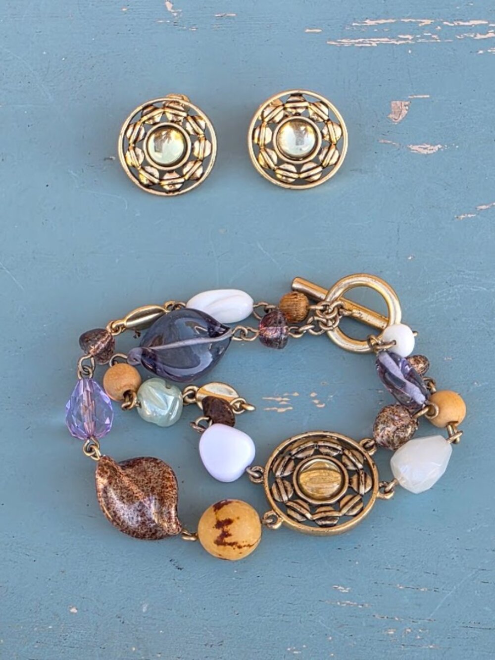 Gold Tone Purple Mixed Bead Bracelet & Clip On Earrings Set